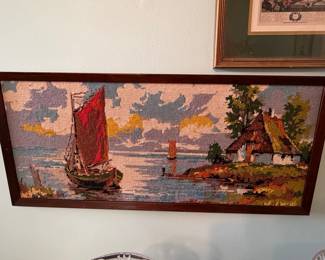 Vintage Needlepoint Tapestry of a Seascape with Sailboat and Thatched Cottage