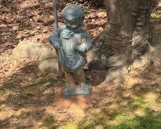 Vintage Cast Iron Boy Holding Flowers Garden Statue