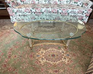 Hollywood Regency Style Oval Glass Coffee Table with Brass and Lucite Accents