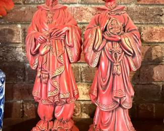 Pair of Red Ceramic Emperor and Empress Figures