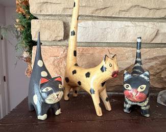 Set of 3 Hand-Carved Wooden Cat Figurines - Oaxacan Style