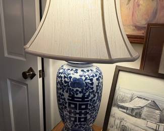 Blue and White Porcelain Ginger Jar Lamp with Floral and Double Happiness Motif