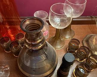 Vintage Amber Glass Decanter Set with Tumblers 