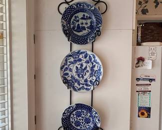Blue and White Porcelain Plates with Decorative Metal Wall Hanger