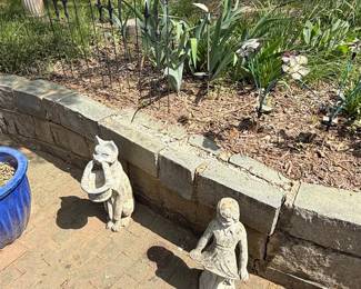 Vintage Cast Stone Garden Statues - Cat with Basket and Girl
