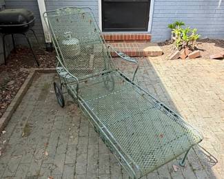 Vintage Wrought Iron Chaise Lounge with Floral Motif and Wheels