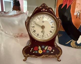 Vintage Hand-Painted Floral Mantel Clock, Possibly Swiss or German
