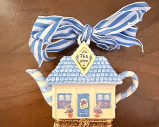 Ceramic "Tea Room" Teapot Trinket Box with Ribbon