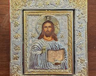 Christ Pantocrator Icon with Ornate Silver and Gold Tone Metal Frame