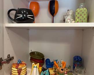 Assorted Whimsical Ceramic Figurines and Decorative Items, including a Black Cat Mug