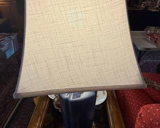 Mid-Century Modern Navy Ceramic Table Lamp with Brass Accents and Linen Shade