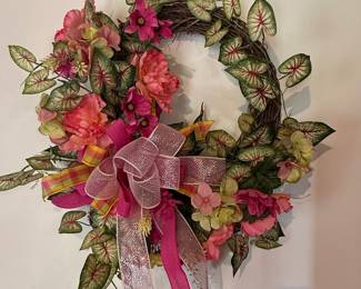 Artificial Floral Wreath with Pink Flowers and Caladium Leaves