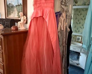 Vintage 1950s Coral Tulle Strapless Gown with Peplum