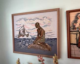 Vintage Needlepoint Tapestry of a Mermaid and Ship