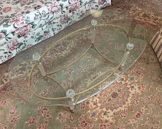 Hollywood Regency Style Oval Glass Coffee Table with Brass and Lucite Accents