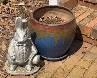 Vintage Anthropomorphic Rabbit Statue and Glazed Ceramic Planter Pot
