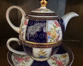 Vintage Tea For One Set - Floral and Cobalt Blue