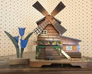 Vintage Wooden Musical Windmill with Tulips
