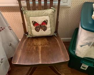 Vintage Oak Swivel Desk Chair with Needlepoint Butterfly Cushion