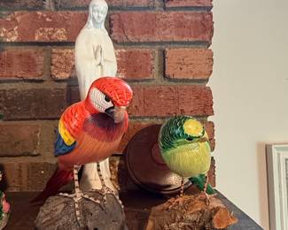Polychrome Ceramic Parrot and Budgie Figurines