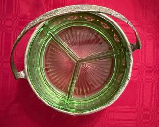 Vintage Uranium Glass Three-Section Relish Dish with Silver-Plated Handle