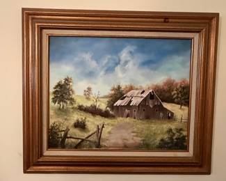Vintage Barn Landscape Oil Painting