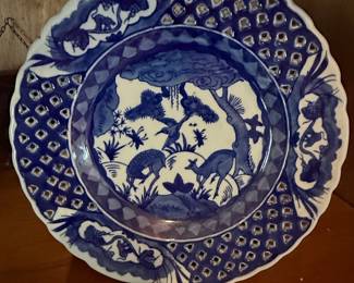 Antique Chinese Blue and White Porcelain Lattice Plate with Deer and Birds