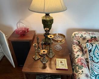 Assorted Brass Candlesticks and Crystal Bowl