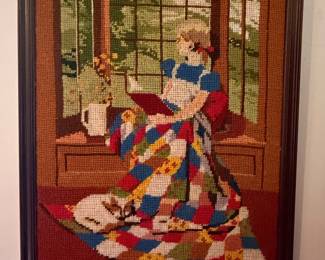 Vintage Needlepoint of a Girl Reading with a Cat, after Fragonard's 'A Young Girl Reading'