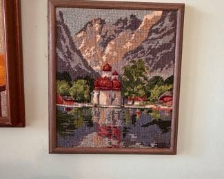 Vintage Needlepoint Landscape with Mountain and Church