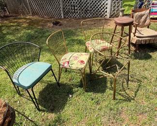 Set of Mid-Century Modern Wire Chairs with Floral and Geometric Upholstery