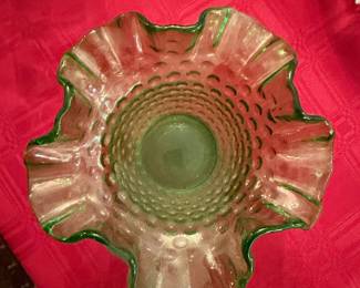 Vintage Fenton Green Opalescent Hobnail Ruffled Vase
