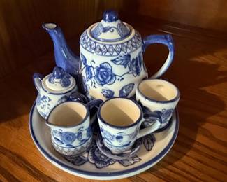 Miniature Blue and White Porcelain Tea Set with Tray
