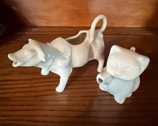 Vintage Ceramic Cow Creamer and Cat Figurine Set