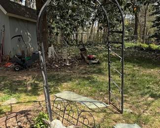 Vintage Cherub Fountain and Wrought Iron Arch Trellis Set
