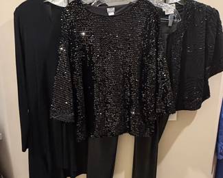 Chico's Black Sequin Top and Beaded Jacket with Black Pants Set