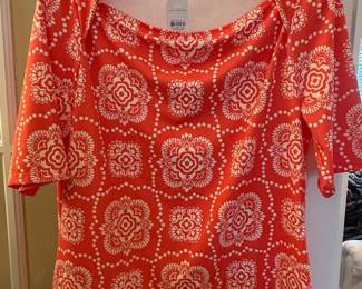 Ann Taylor Women's Coral & White Medallion Print Square Neck Top