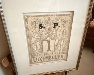 Framed Engraving of Luxembourg 1 Franc Stamp, 1882