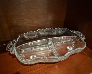 Clear Glass Divided Relish Dish with Handles and Scalloped Edge