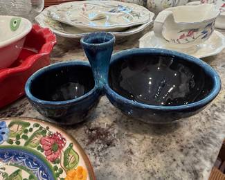 Blue Glazed Ceramic Chip and Dip Server