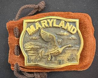 Maryland Goose Solid Brass Vintage Belt Buckle with Suede Pouch