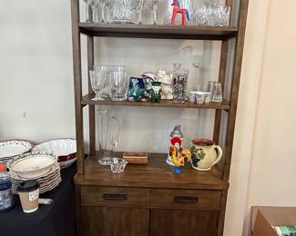 Pottery Barn Mateo Cabinet with Assorted Glassware and Collectibles