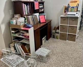 Desk, albums, books, storage unit, office miscellaneous 