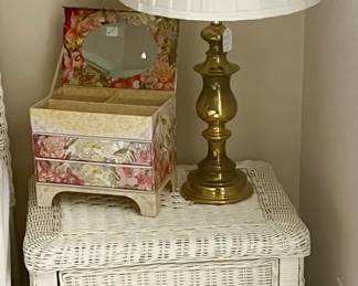 Nice wicker night stand, brass lamp
