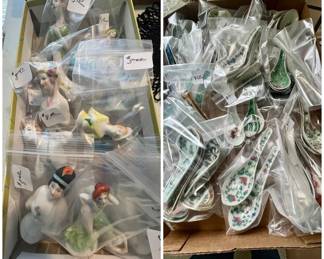 Porcelain doll tops, oriental spoons