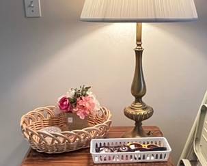 night stand, brass lamp