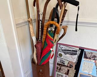 Antique Walking Stick and Umbrella Stand with Assorted Canes and Umbrellas