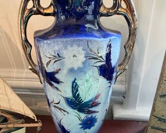 Art Nouveau Cobalt Blue and Gilt Ceramic Vase with Bird Motif