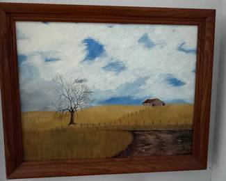 Rural Landscape Oil Painting with Barn and Tree
