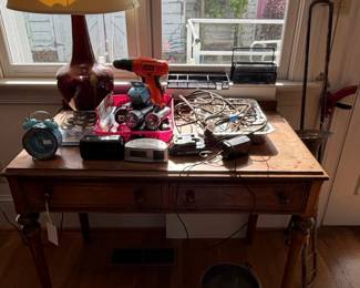 Vintage Wooden Side Table with Assorted Items